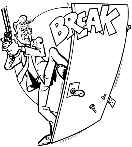 Man with gun kicking door open vinyl sticker. Customize on line.  Crazy Comics 026-0169